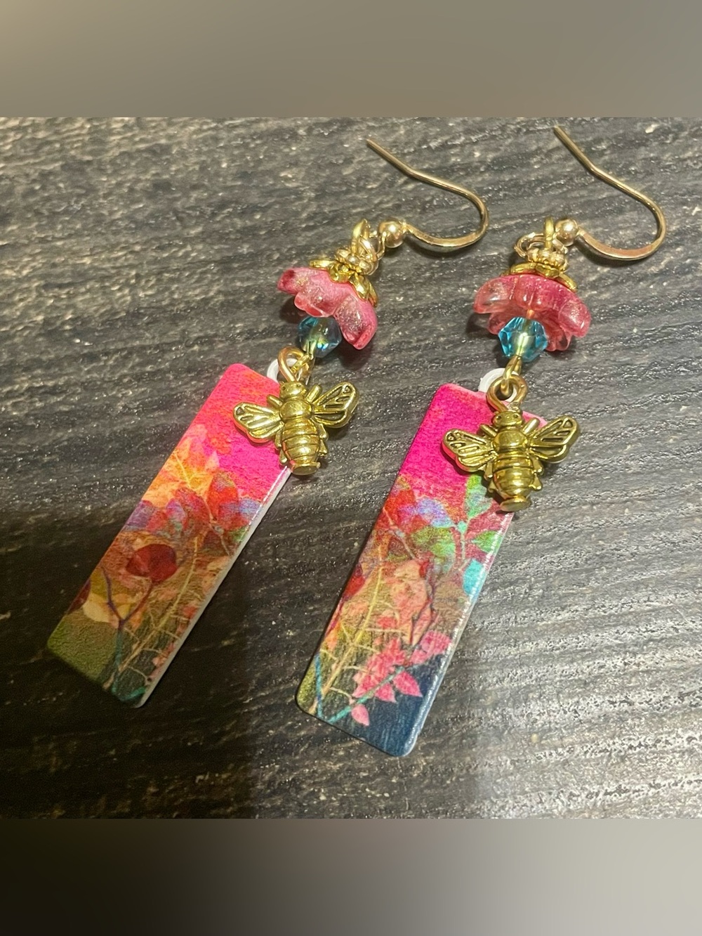 Hand Crafted Pink Floral Bee Drop Earrings with Gold Accents - Picture 3 of 6